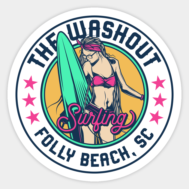 Retro Surfer Babe Badge The Washout Folly Beach South Carolina Sticker by Now Boarding